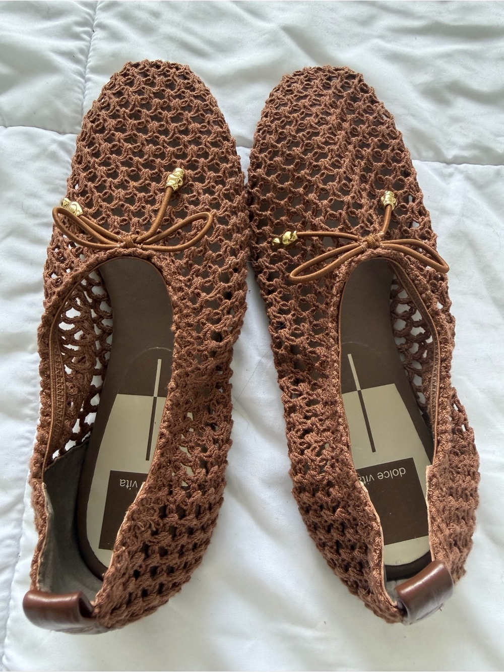 Dolce Vita Crochet Ballet Flats in Brown with Gold Bead Accents - Picture 1 of 4